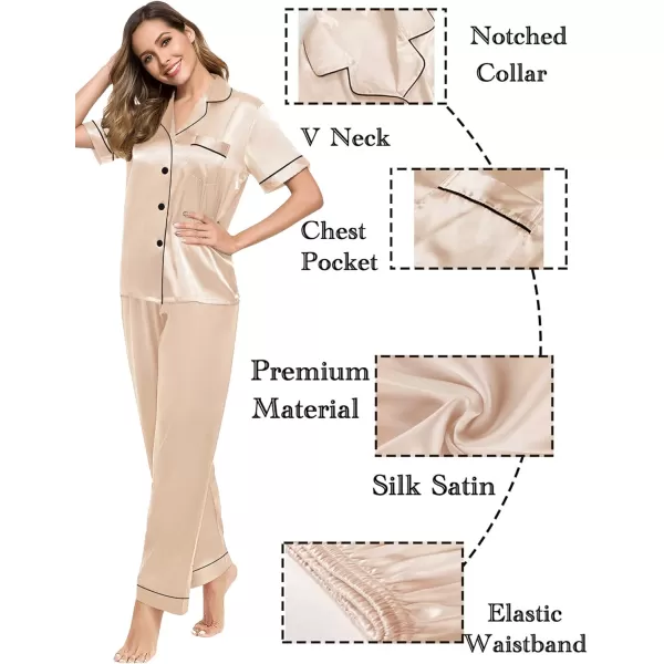 SWOMOG Couples Pajamas Sets Women ampamp Men Satin Short Sleeve Sleepwear Button Down Loungewear Pjs Set with Long PantsChampagne