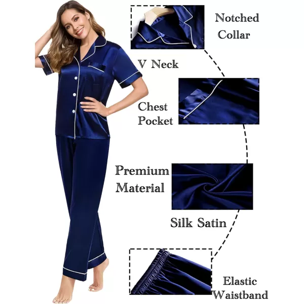 SWOMOG Couples Pajamas Sets Women ampamp Men Satin Short Sleeve Sleepwear Button Down Loungewear Pjs Set with Long PantsDeep Navy Blue