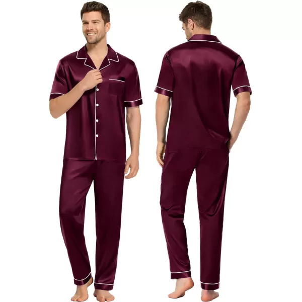 SWOMOG Couples Pajamas Sets Women ampamp Men Satin Short Sleeve Sleepwear Button Down Loungewear Pjs Set with Long PantsDeep Wine Red