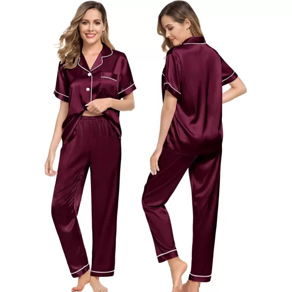 SWOMOG Couples Pajamas Sets Women ampamp Men Satin Short Sleeve Sleepwear Button Down Loungewear Pjs Set with Long PantsDeep Wine Red