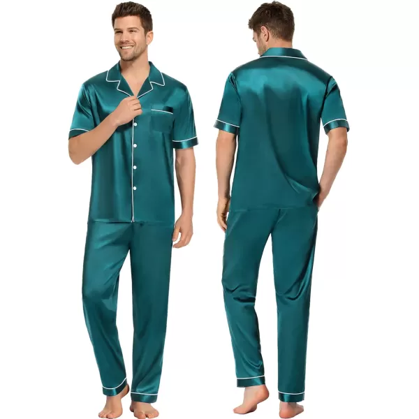 SWOMOG Couples Pajamas Sets Women ampamp Men Satin Short Sleeve Sleepwear Button Down Loungewear Pjs Set with Long PantsGreen