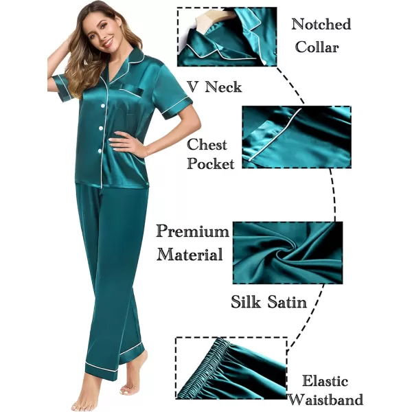 SWOMOG Couples Pajamas Sets Women ampamp Men Satin Short Sleeve Sleepwear Button Down Loungewear Pjs Set with Long PantsGreen