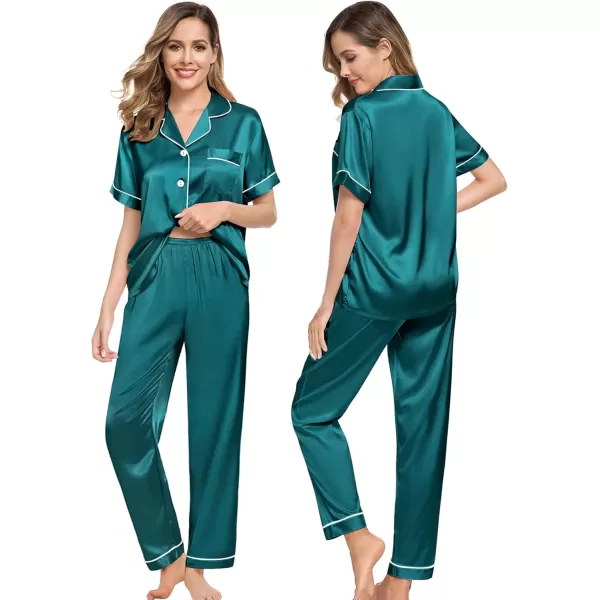 SWOMOG Couples Pajamas Sets Women ampamp Men Satin Short Sleeve Sleepwear Button Down Loungewear Pjs Set with Long PantsGreen