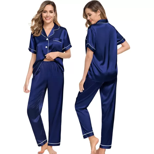 SWOMOG Couples Pajamas Sets Women ampamp Men Satin Short Sleeve Sleepwear Button Down Loungewear Pjs Set with Long PantsNavy Blue