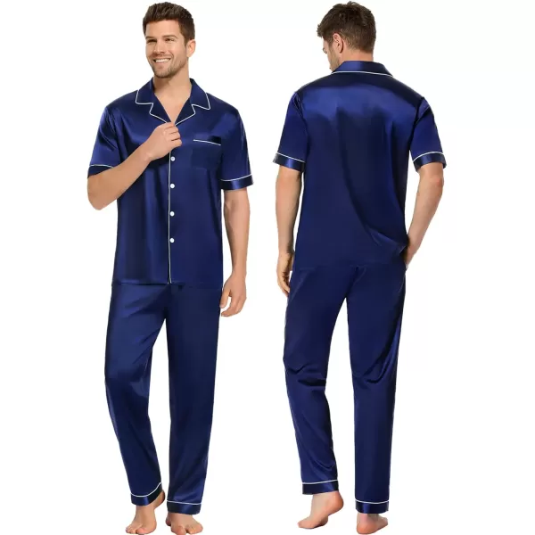 SWOMOG Couples Pajamas Sets Women ampamp Men Satin Short Sleeve Sleepwear Button Down Loungewear Pjs Set with Long PantsNavy Blue