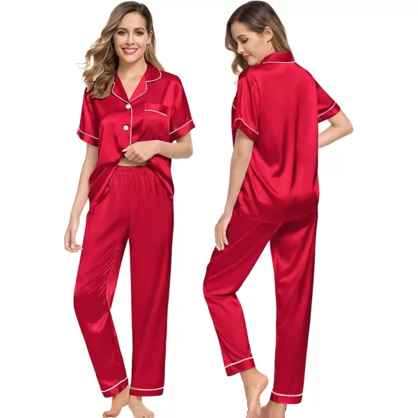 SWOMOG Couples Pajamas Sets Women ampamp Men Satin Short Sleeve Sleepwear Button Down Loungewear Pjs Set with Long PantsRed