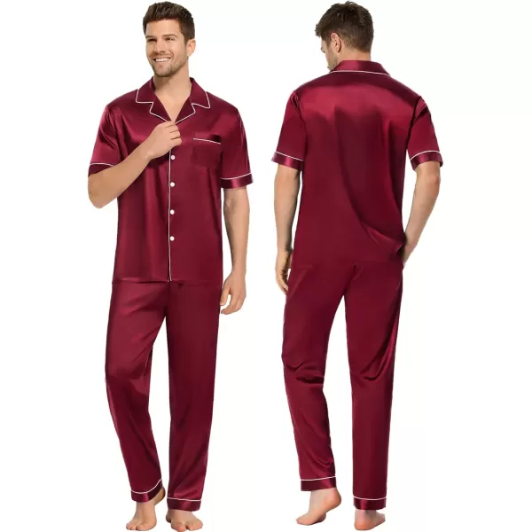 SWOMOG Couples Pajamas Sets Women ampamp Men Satin Short Sleeve Sleepwear Button Down Loungewear Pjs Set with Long PantsWine Red