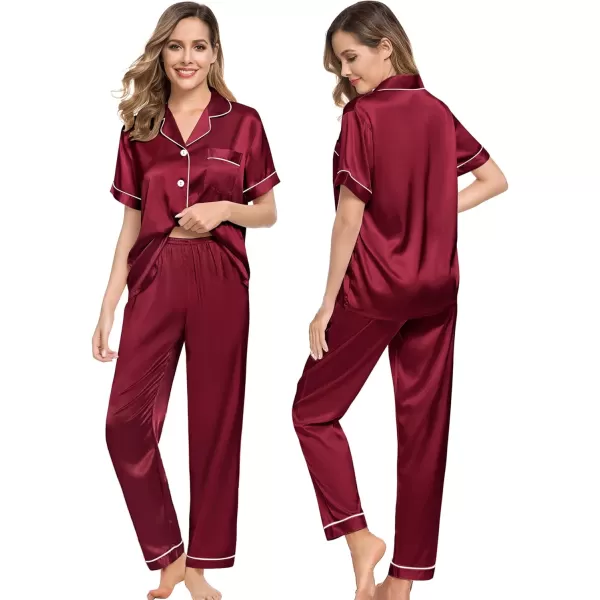 SWOMOG Couples Pajamas Sets Women ampamp Men Satin Short Sleeve Sleepwear Button Down Loungewear Pjs Set with Long PantsWine Red