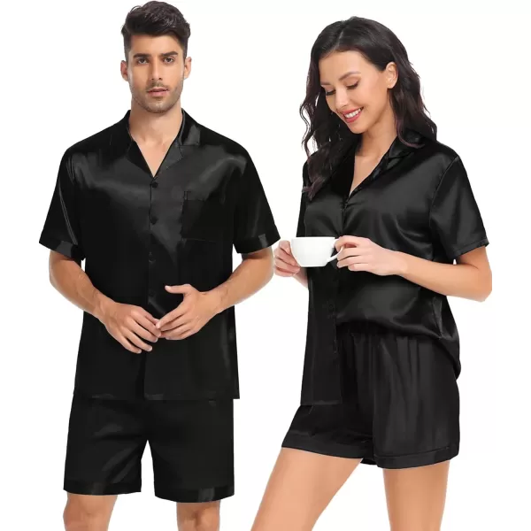 SWOMOG Satin Pajamas Sets Couple Silk Pjs Set Matching Button Down Sleepwear Short Sleeve2 PCS Lounge Set with pocketsBlack