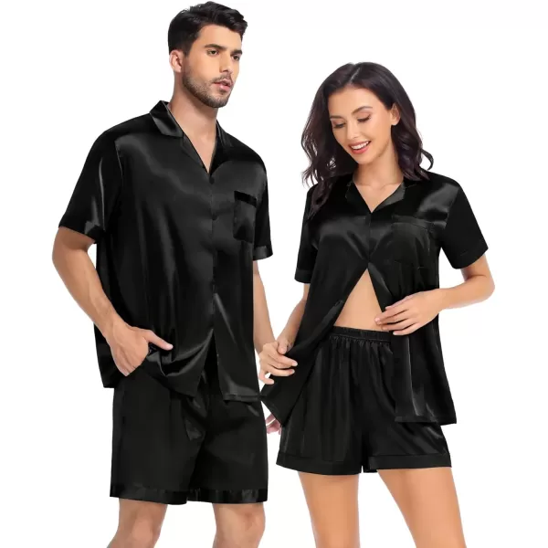 SWOMOG Satin Pajamas Sets Couple Silk Pjs Set Matching Button Down Sleepwear Short Sleeve2 PCS Lounge Set with pocketsBlack