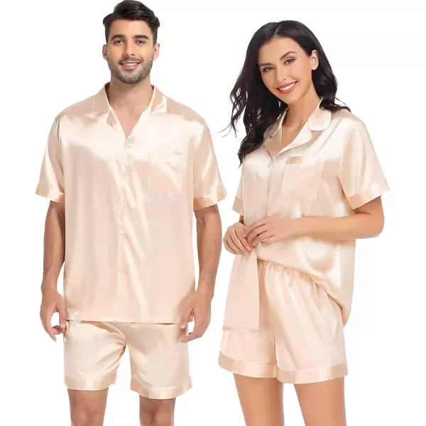 SWOMOG Satin Pajamas Sets Couple Silk Pjs Set Matching Button Down Sleepwear Short Sleeve2 PCS Lounge Set with pocketsChampagne