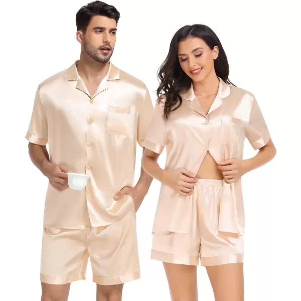 SWOMOG Satin Pajamas Sets Couple Silk Pjs Set Matching Button Down Sleepwear Short Sleeve2 PCS Lounge Set with pocketsChampagne