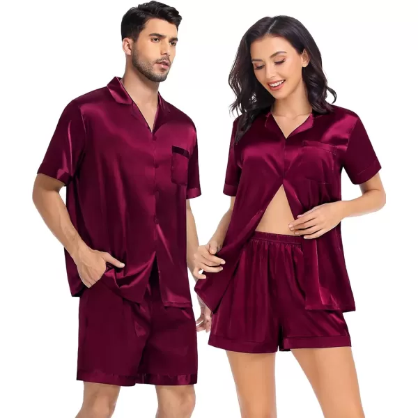 SWOMOG Satin Pajamas Sets Couple Silk Pjs Set Matching Button Down Sleepwear Short Sleeve2 PCS Lounge Set with pocketsDeep Wine Red