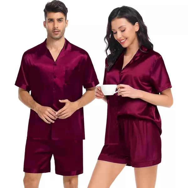 SWOMOG Satin Pajamas Sets Couple Silk Pjs Set Matching Button Down Sleepwear Short Sleeve2 PCS Lounge Set with pocketsDeep Wine Red