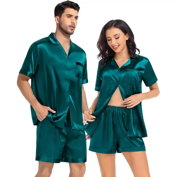 SWOMOG Satin Pajamas Sets Couple Silk Pjs Set Matching Button Down Sleepwear Short Sleeve2 PCS Lounge Set with pocketsGreen