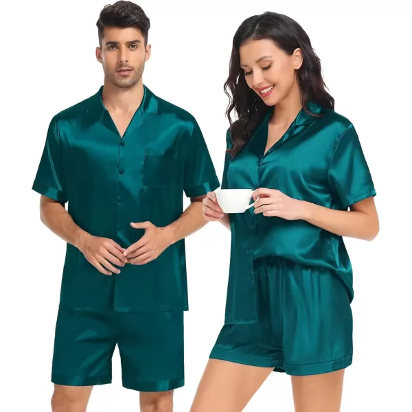 SWOMOG Satin Pajamas Sets Couple Silk Pjs Set Matching Button Down Sleepwear Short Sleeve2 PCS Lounge Set with pocketsGreen