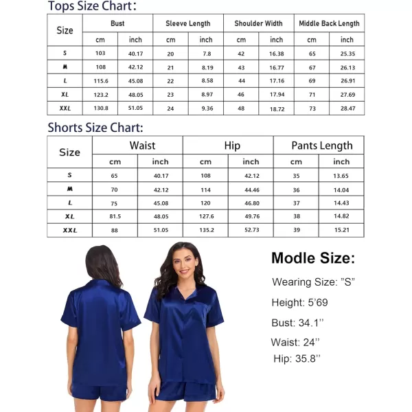 SWOMOG Satin Pajamas Sets Couple Silk Pjs Set Matching Button Down Sleepwear Short Sleeve2 PCS Lounge Set with pocketsNavy Blue