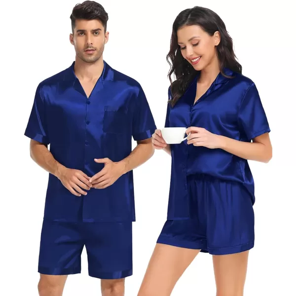 SWOMOG Satin Pajamas Sets Couple Silk Pjs Set Matching Button Down Sleepwear Short Sleeve2 PCS Lounge Set with pocketsNavy Blue