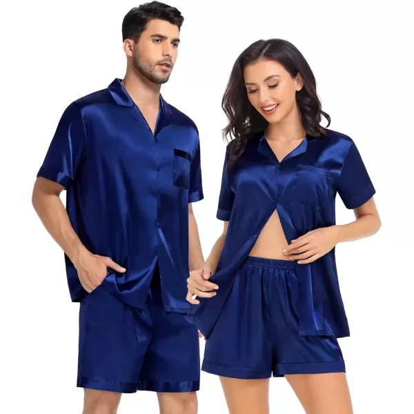 SWOMOG Satin Pajamas Sets Couple Silk Pjs Set Matching Button Down Sleepwear Short Sleeve2 PCS Lounge Set with pocketsNavy Blue