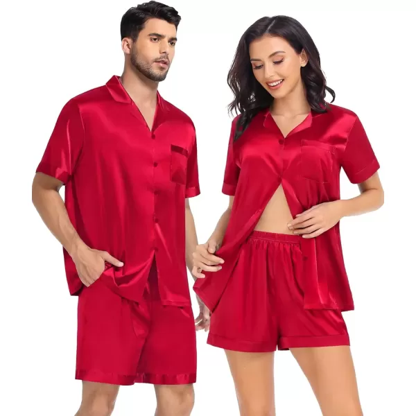 SWOMOG Satin Pajamas Sets Couple Silk Pjs Set Matching Button Down Sleepwear Short Sleeve2 PCS Lounge Set with pocketsRed