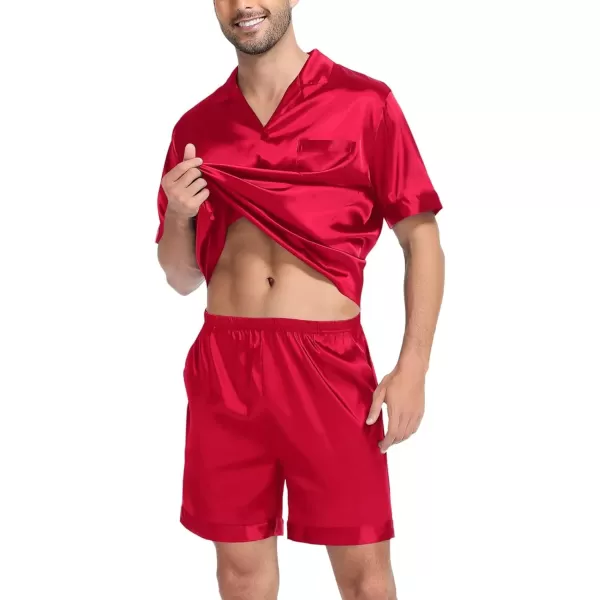 SWOMOG Satin Pajamas Sets Couple Silk Pjs Set Matching Button Down Sleepwear Short Sleeve2 PCS Lounge Set with pocketsRed