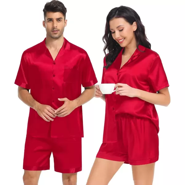 SWOMOG Satin Pajamas Sets Couple Silk Pjs Set Matching Button Down Sleepwear Short Sleeve2 PCS Lounge Set with pocketsRed