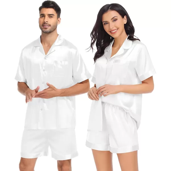 SWOMOG Satin Pajamas Sets Couple Silk Pjs Set Matching Button Down Sleepwear Short Sleeve2 PCS Lounge Set with pocketsWhite