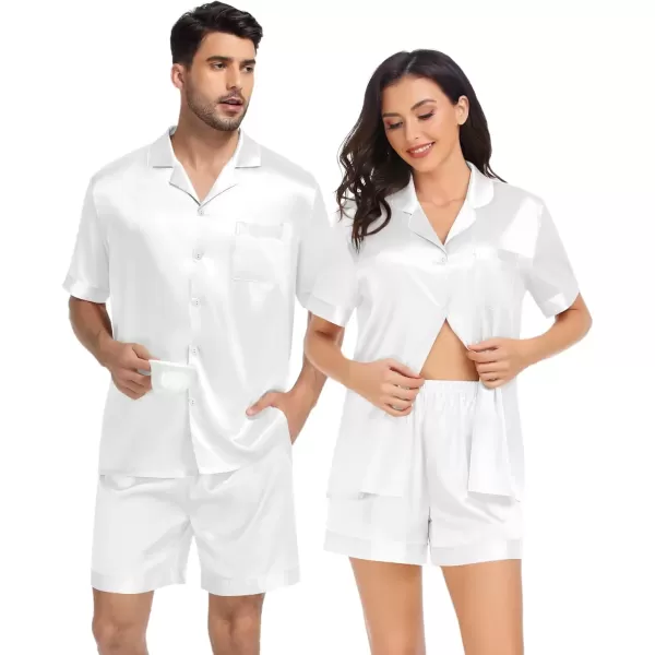 SWOMOG Satin Pajamas Sets Couple Silk Pjs Set Matching Button Down Sleepwear Short Sleeve2 PCS Lounge Set with pocketsWhite