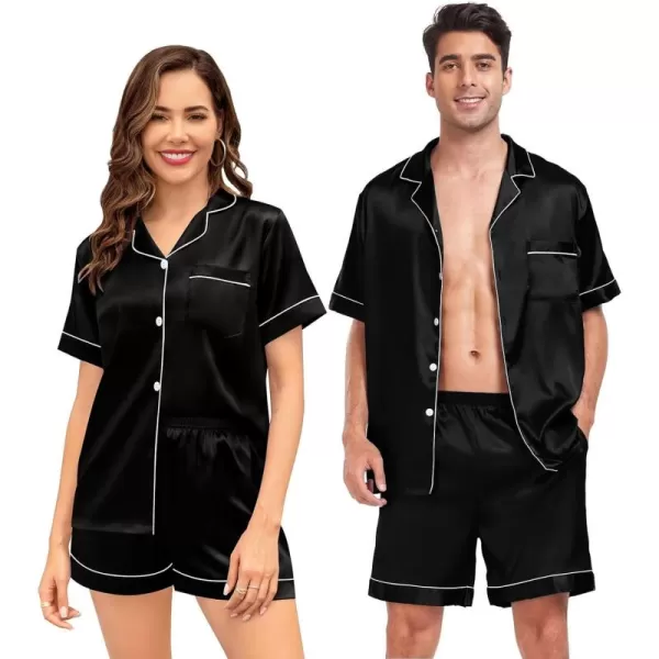 SWOMOG Couple Matching Pajamas Sets Button Down Silk Pjs Short Sleeve Soft Lounge Sets 2 Pcs LoungewearBlack