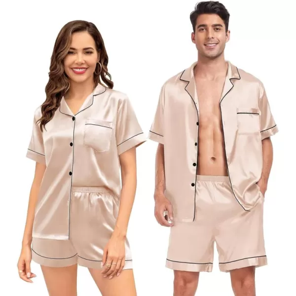 SWOMOG Couple Matching Pajamas Sets Button Down Silk Pjs Short Sleeve Soft Lounge Sets 2 Pcs LoungewearChampagne