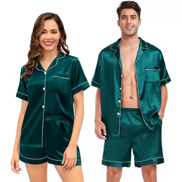 SWOMOG Couple Matching Pajamas Sets Button Down Silk Pjs Short Sleeve Soft Lounge Sets 2 Pcs LoungewearGreen