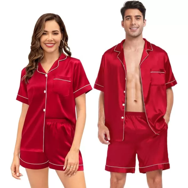 SWOMOG Couple Matching Pajamas Sets Button Down Silk Pjs Short Sleeve Soft Lounge Sets 2 Pcs LoungewearLight Red