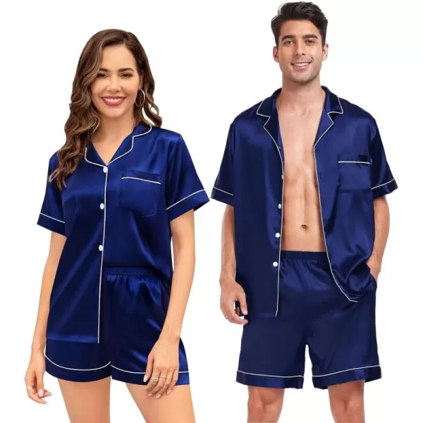 SWOMOG Couple Matching Pajamas Sets Button Down Silk Pjs Short Sleeve Soft Lounge Sets 2 Pcs LoungewearNavy Blue