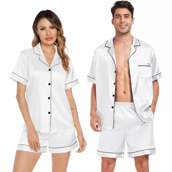 SWOMOG Couple Matching Pajamas Sets Button Down Silk Pjs Short Sleeve Soft Lounge Sets 2 Pcs LoungewearWhite