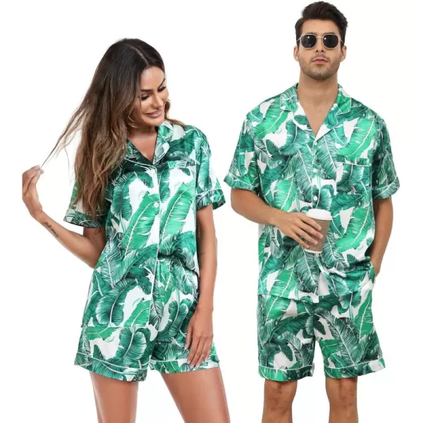 SWOMOG Couple Matching Pajamas Sets Button Down Silk Pjs Short Sleeve Soft Lounge Sets 2 Pcs LoungewearWhite Leaves