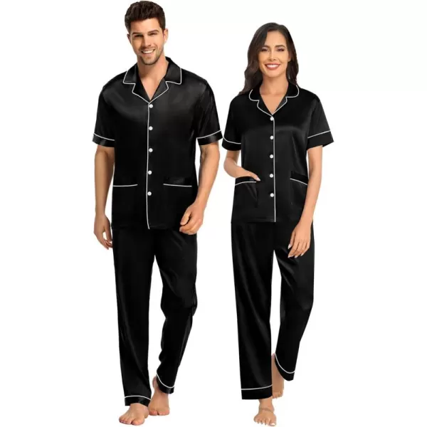 SWOMOG Couple Satin Matching Pajamas Sets Women ampamp Men Pjs Button Down Loungewear 2 PCS Short Sleeve Sleepwear with PantsBlack