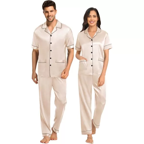 SWOMOG Couple Satin Matching Pajamas Sets Women ampamp Men Pjs Button Down Loungewear 2 PCS Short Sleeve Sleepwear with PantsChampagne