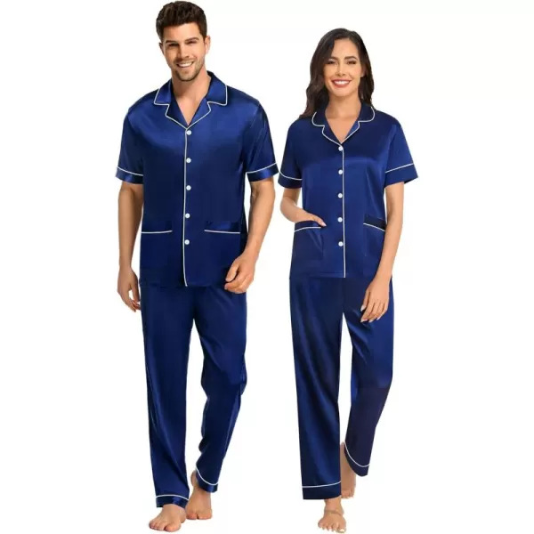 SWOMOG Couple Satin Matching Pajamas Sets Women ampamp Men Pjs Button Down Loungewear 2 PCS Short Sleeve Sleepwear with PantsNavy Blue