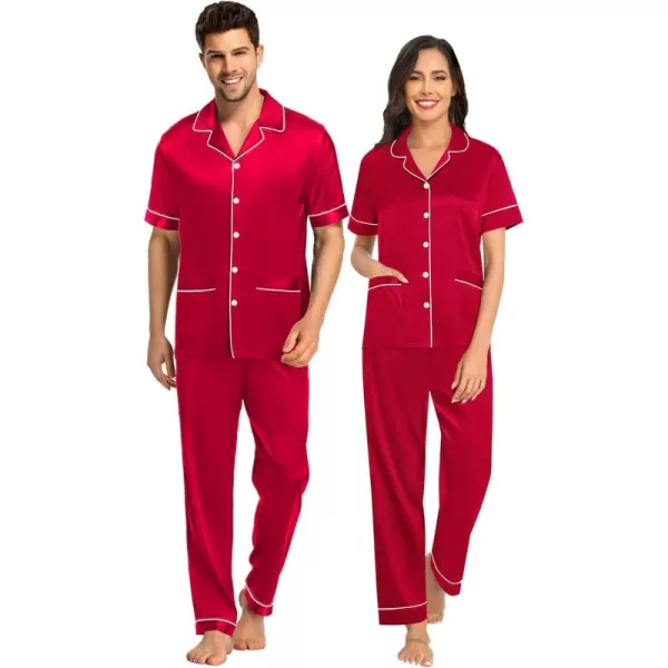 SWOMOG Couple Satin Matching Pajamas Sets Women ampamp Men Pjs Button Down Loungewear 2 PCS Short Sleeve Sleepwear with PantsRed