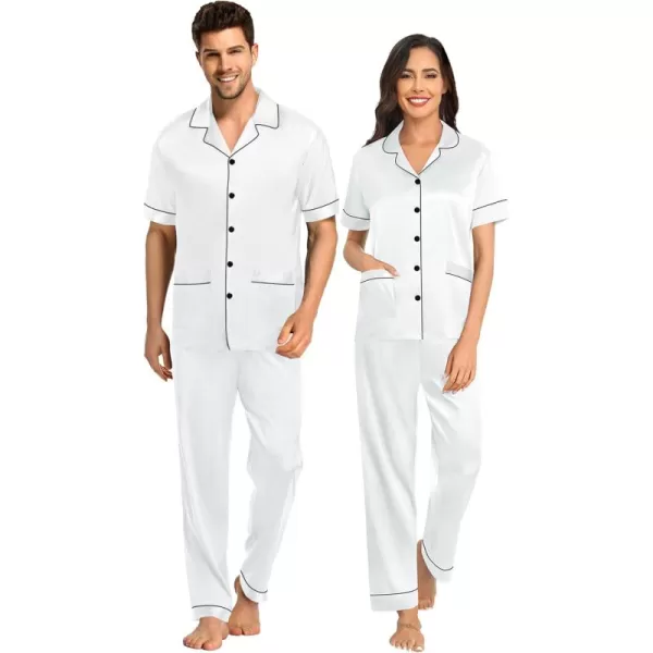 SWOMOG Couple Satin Matching Pajamas Sets Women ampamp Men Pjs Button Down Loungewear 2 PCS Short Sleeve Sleepwear with PantsWhite