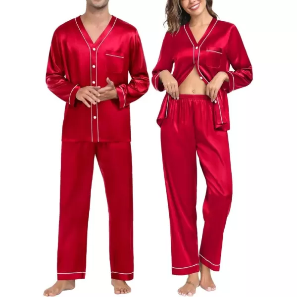 SWOMOG Couples Matching Pajamas Set Family Satin Long Sleeve Sleepwear Silk Button Down Nightwear Soft 2 Pieces LoungewearApple Red