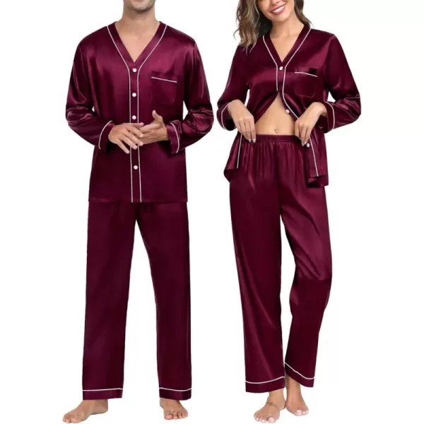 SWOMOG Couples Matching Pajamas Set Family Satin Long Sleeve Sleepwear Silk Button Down Nightwear Soft 2 Pieces LoungewearDark Wine Red