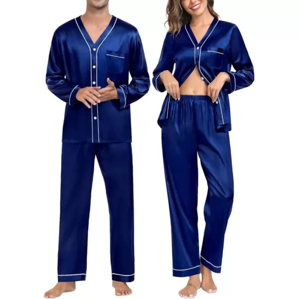 SWOMOG Couples Matching Pajamas Set Family Satin Long Sleeve Sleepwear Silk Button Down Nightwear Soft 2 Pieces LoungewearNavy Blue