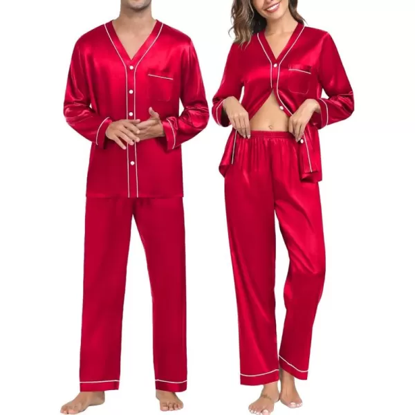 SWOMOG Couples Matching Pajamas Set Family Satin Long Sleeve Sleepwear Silk Button Down Nightwear Soft 2 Pieces LoungewearRed