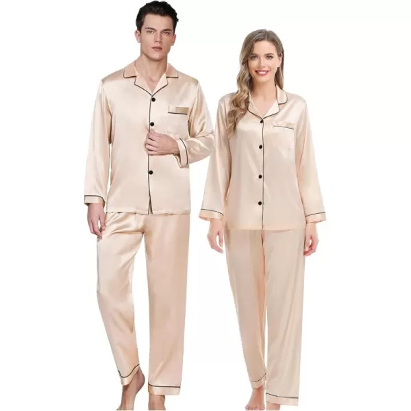 SWOMOG Couples Matching Pajamas Set Silk Satin Long Sleeve Sleepwear Soft Button Down Loungewear Pj SetChampagne