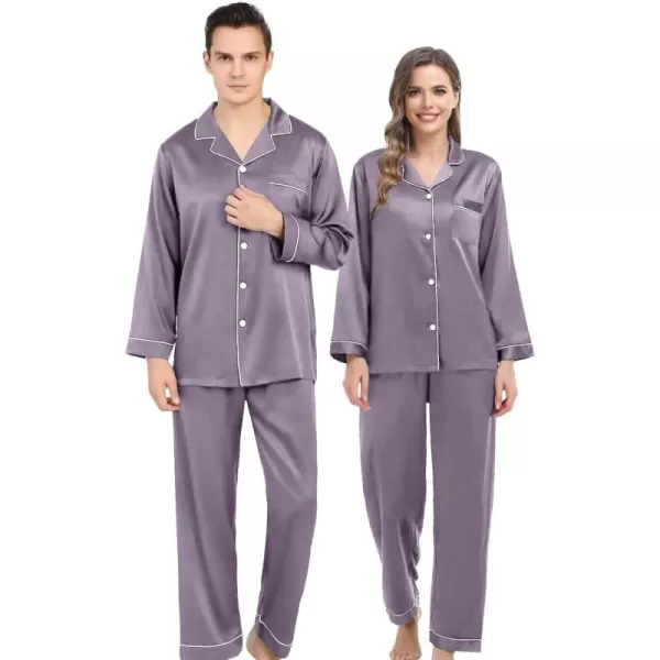 SWOMOG Couples Matching Pajamas Set Silk Satin Long Sleeve Sleepwear Soft Button Down Loungewear Pj SetChestnut