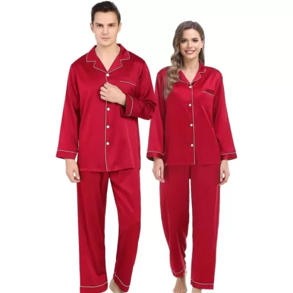 SWOMOG Couples Matching Pajamas Set Silk Satin Long Sleeve Sleepwear Soft Button Down Loungewear Pj SetChristmas Red