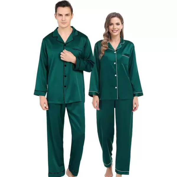 SWOMOG Couples Matching Pajamas Set Silk Satin Long Sleeve Sleepwear Soft Button Down Loungewear Pj SetDeep Green