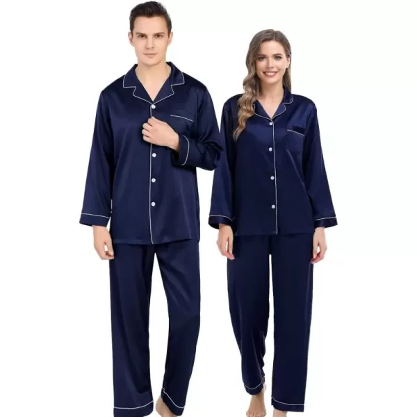 SWOMOG Couples Matching Pajamas Set Silk Satin Long Sleeve Sleepwear Soft Button Down Loungewear Pj SetDeep Navy Blue