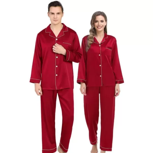 SWOMOG Couples Matching Pajamas Set Silk Satin Long Sleeve Sleepwear Soft Button Down Loungewear Pj SetRed